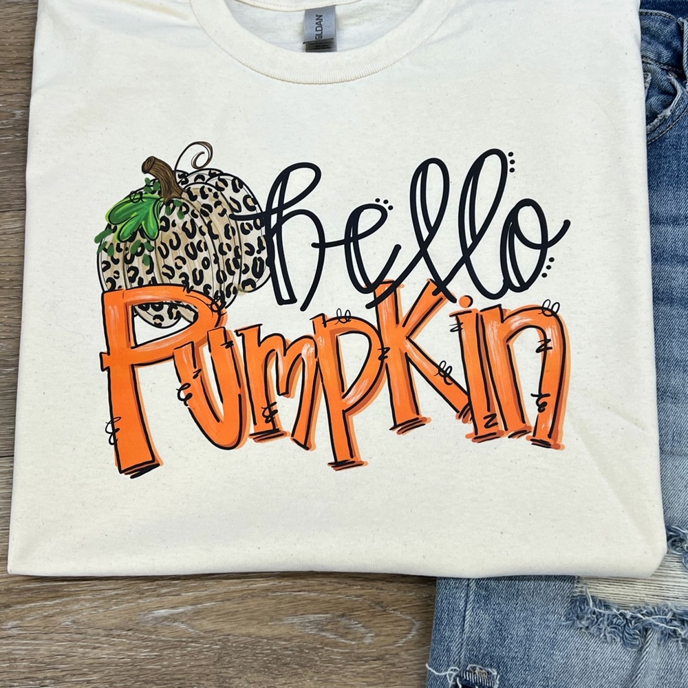 HELLO PUMPKIN natural color tshirt with all the hints of fall colors.